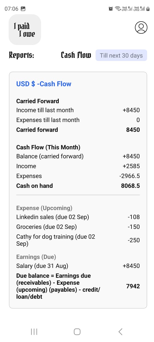ipio cash flow report on a phone