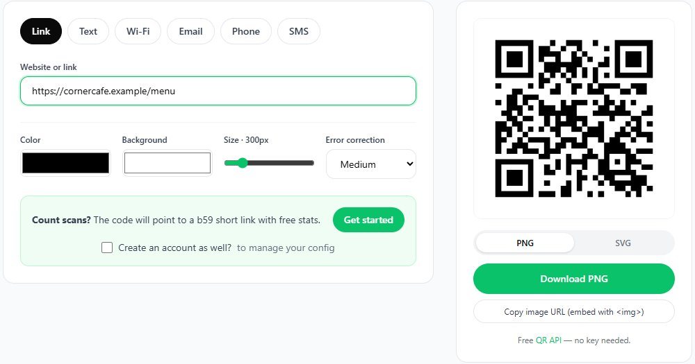 The b59.link QR maker with a café menu link and the code ready to download