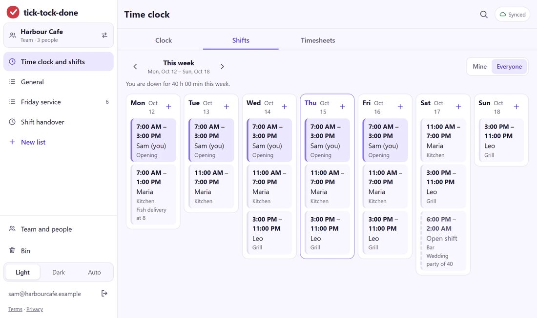 TickTockDone: the week's shifts for a café crew